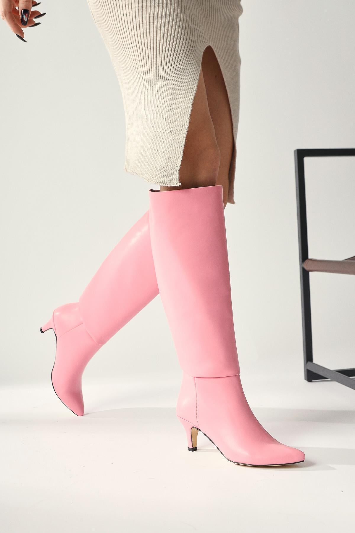 Milika Pink Pointed Toe Low Heel Pull On Boots