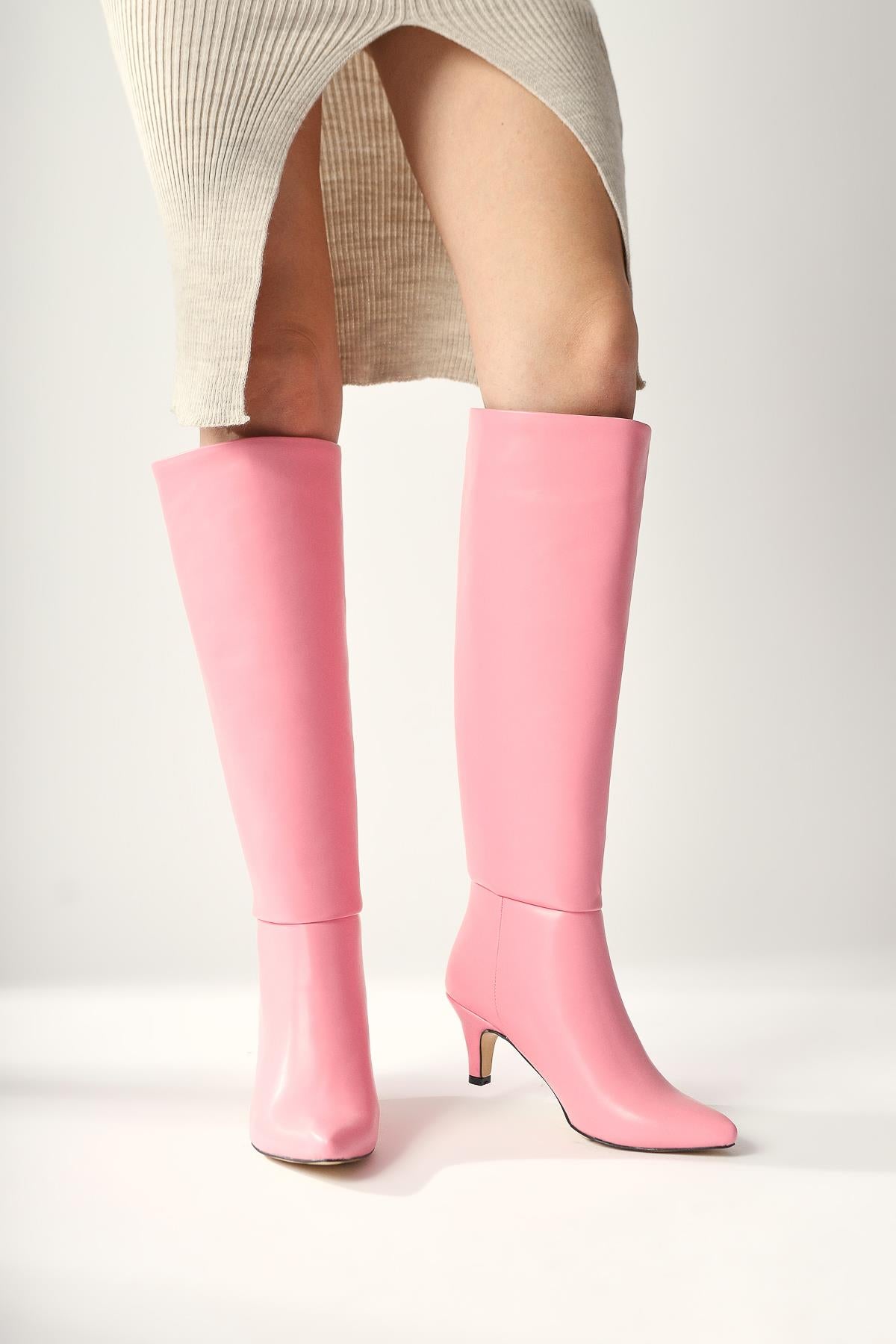 Milika Pink Pointed Toe Low Heel Pull On Boots