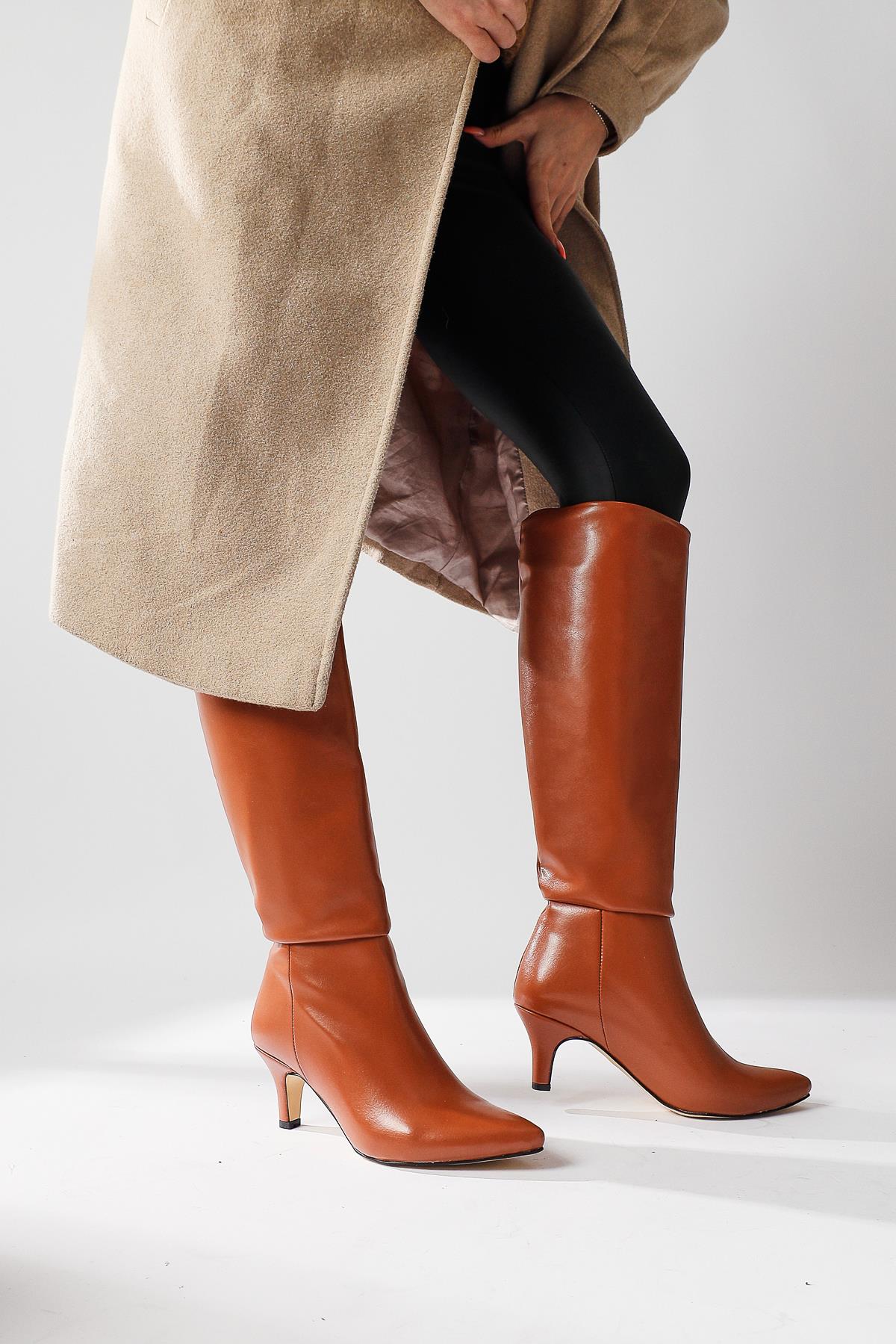 Milika Tan Pointed Toe Low Heel Pull-On Boots