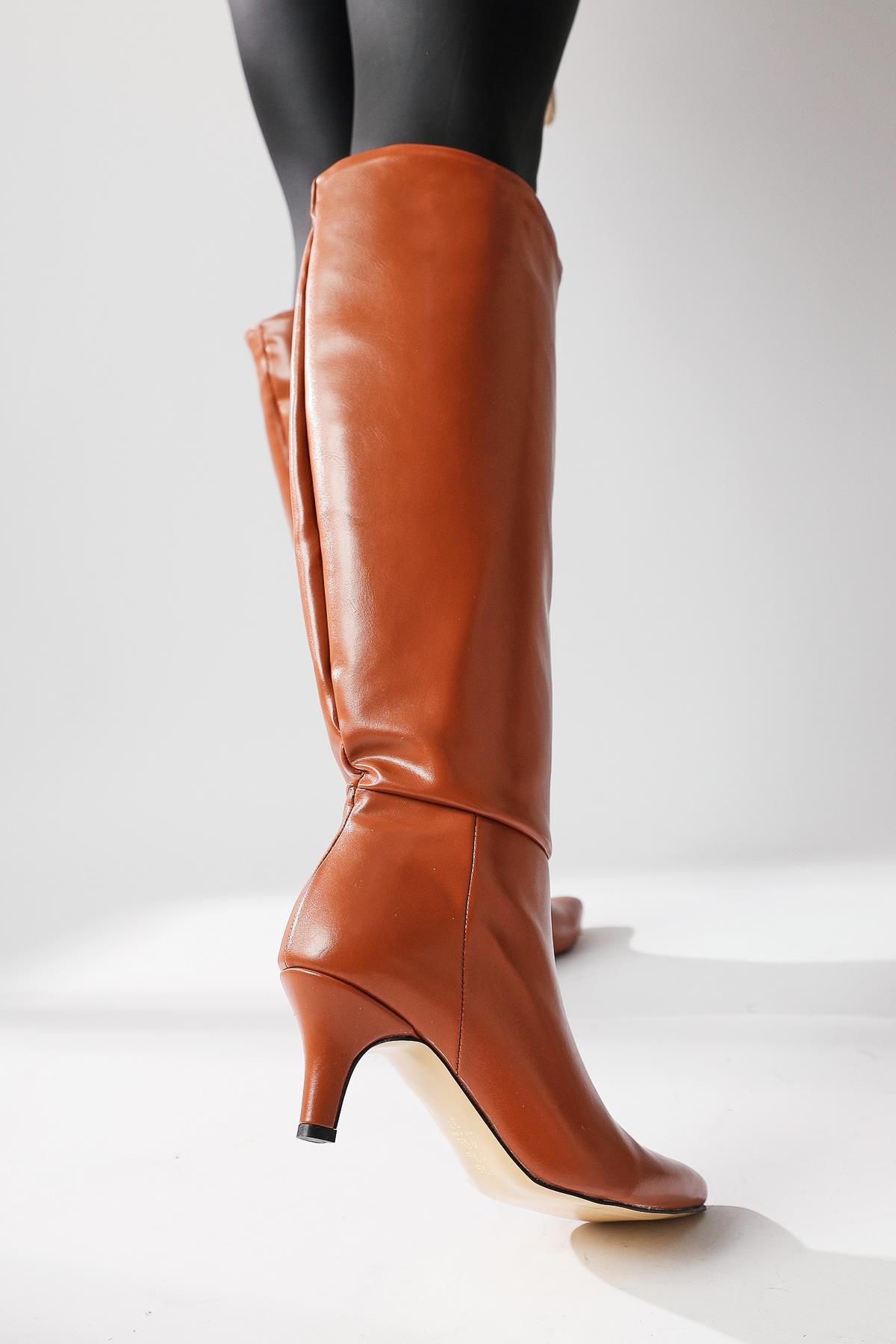 Milika Tan Pointed Toe Low Heel Pull-On Boots