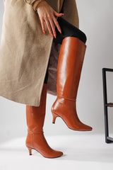 Milika Tan Pointed Toe Low Heel Pull-On Boots