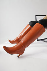 Milika Tan Pointed Toe Low Heel Pull-On Boots