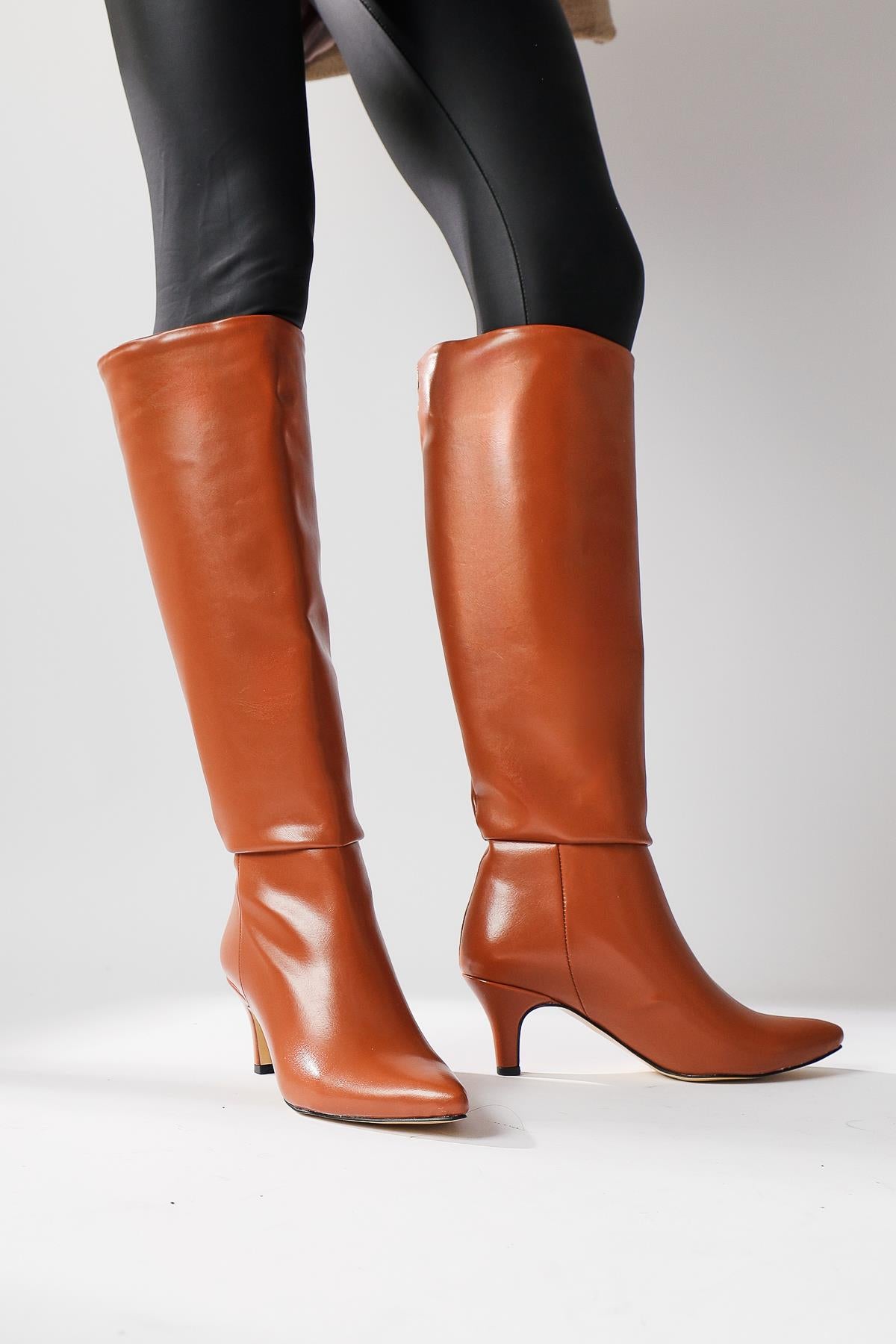 Milika Tan Pointed Toe Low Heel Pull-On Boots