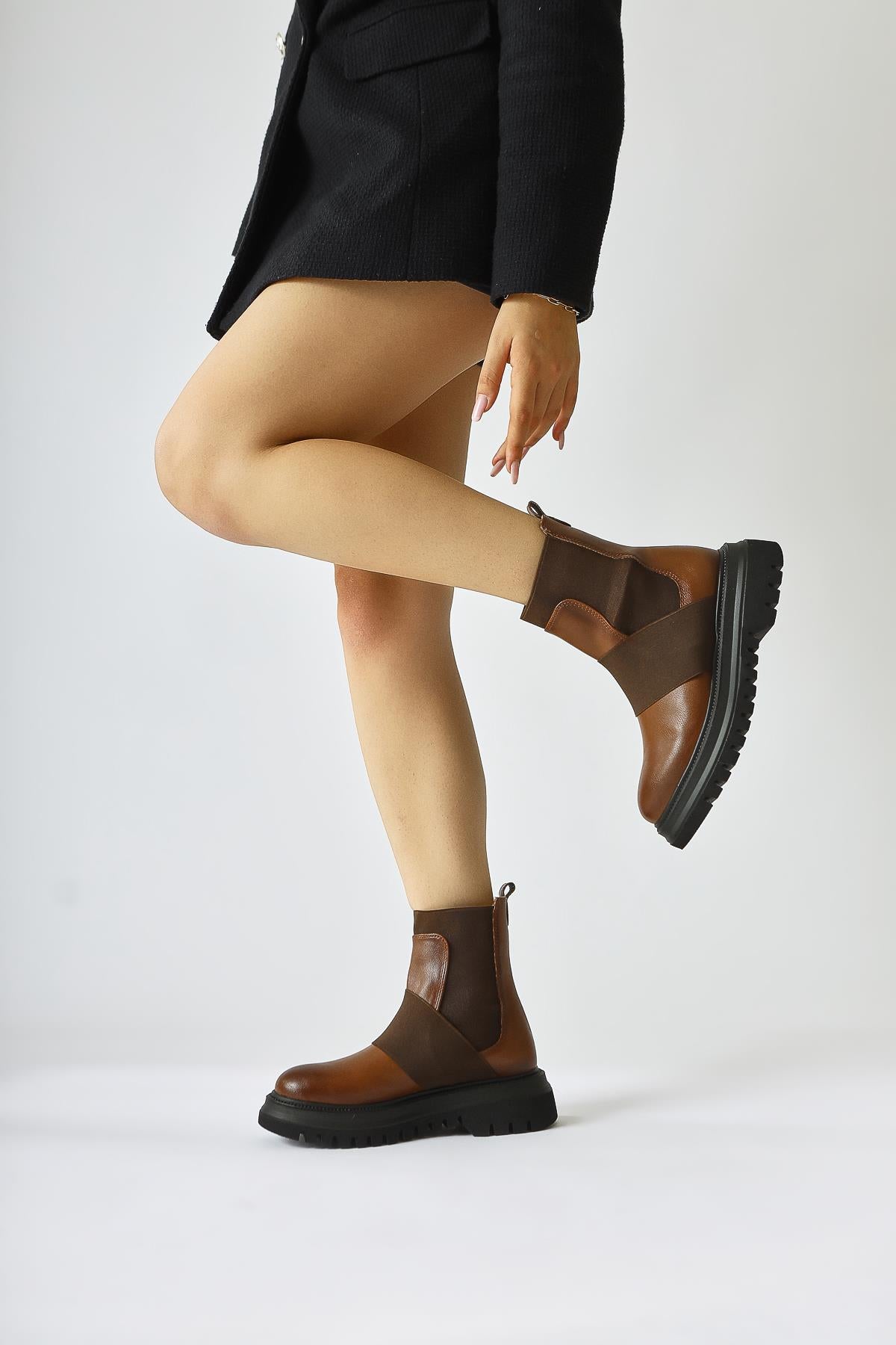 Millena Brown Suede Elastic Belt Detailed Pull-On Boots