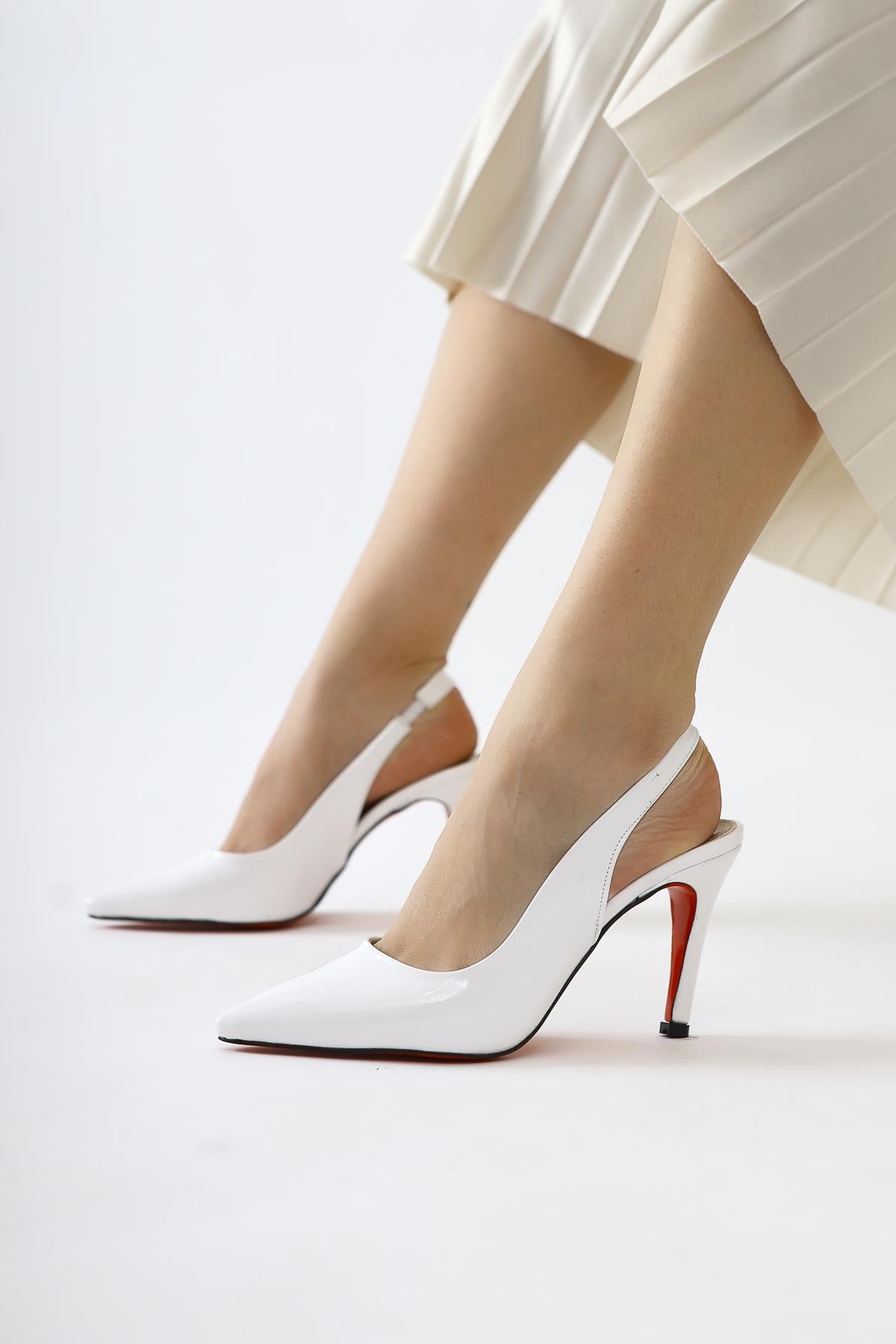 Minal White Patent Leather Pointed Toe Red Jurdan Heeled Shoes