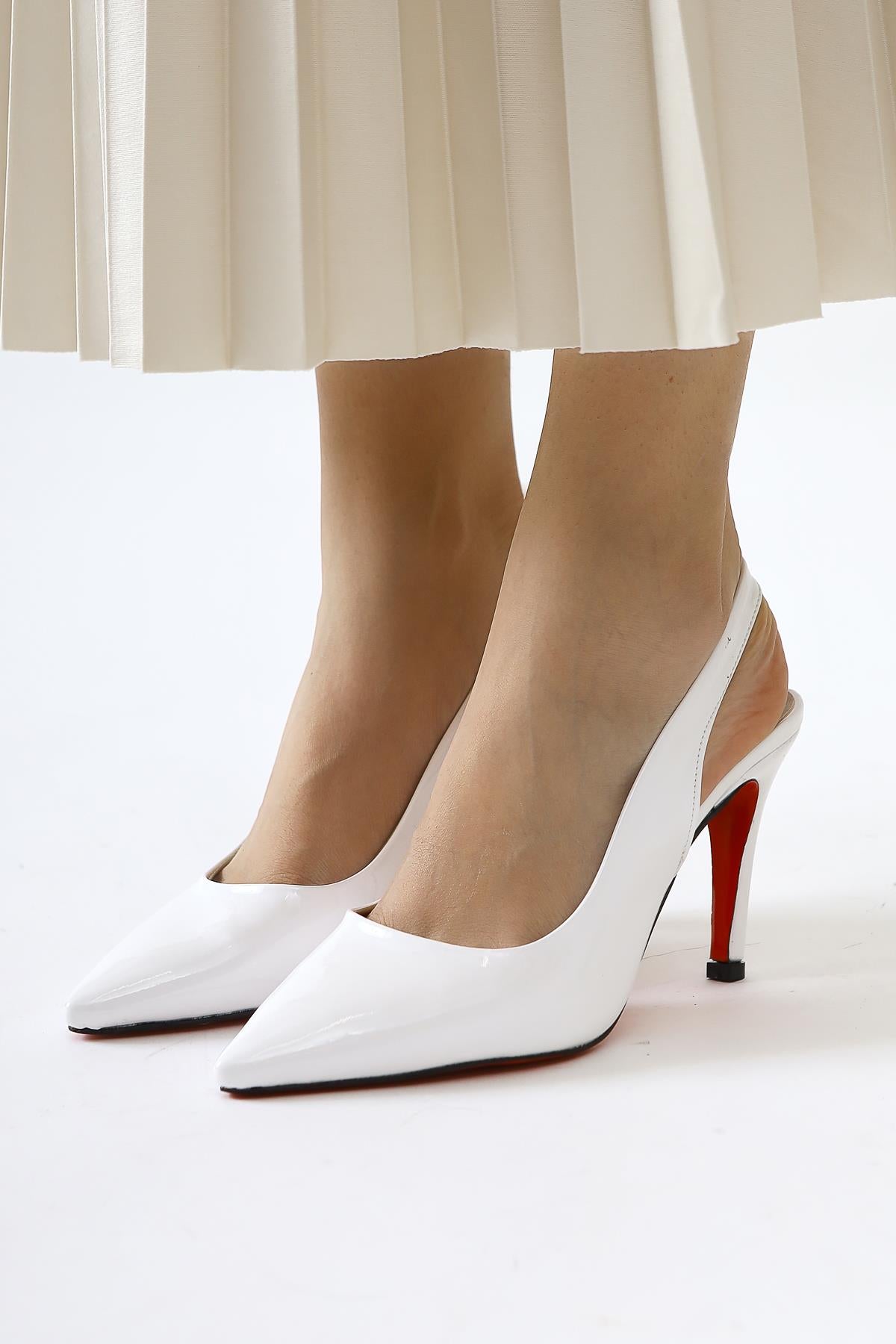 Minal White Patent Leather Pointed Toe Red Jurdan Heeled Shoes