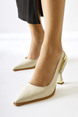 Mithra Beige Patent Leather Pointed Toe Buckle Detailed High Heel Shoes