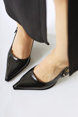 Mithra Black Patent Leather Pointed Toe Buckle Detailed High Heel Shoes