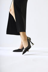 Mithra Black Patent Leather Pointed Toe Buckle Detailed High Heel Shoes