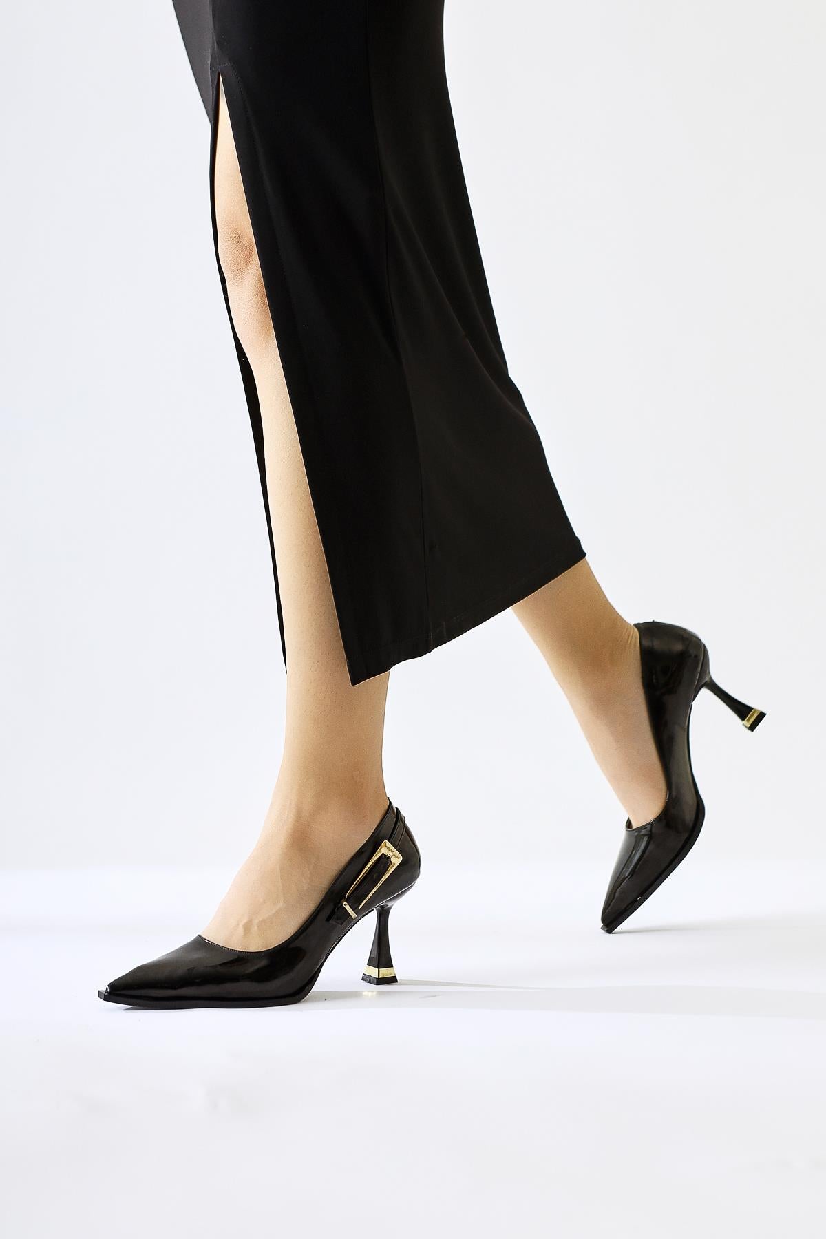 Mithra Black Patent Leather Pointed Toe Buckle Detailed High Heel Shoes