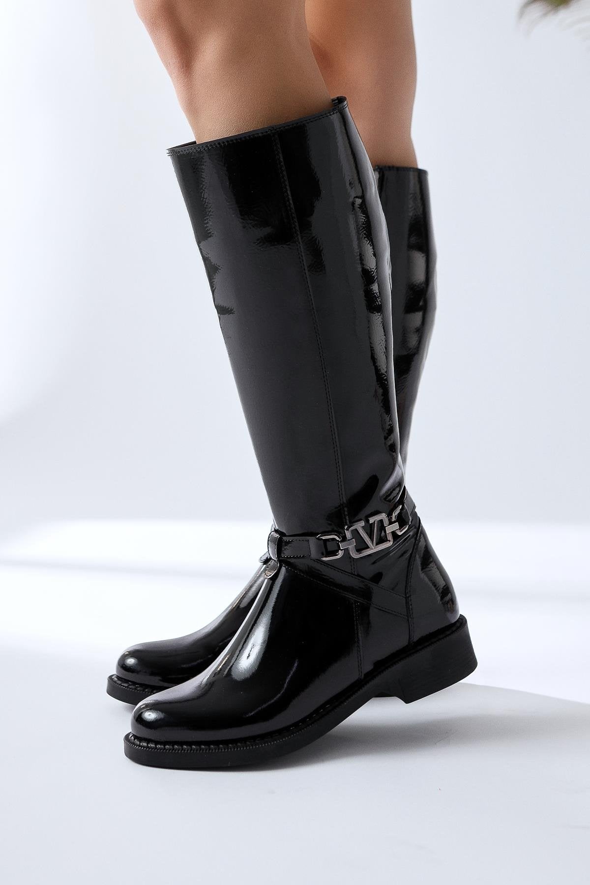 Momena Black Patent Leather Buckle Detail Zippered Low Heel Boots