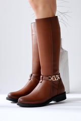 Momena Brown Buckle Detail Zippered Low Heel Boots