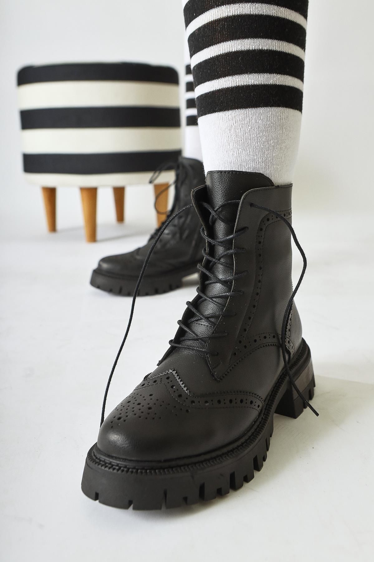 Morgan Black Lace-Up Combat Boots with Laser Cut Detail