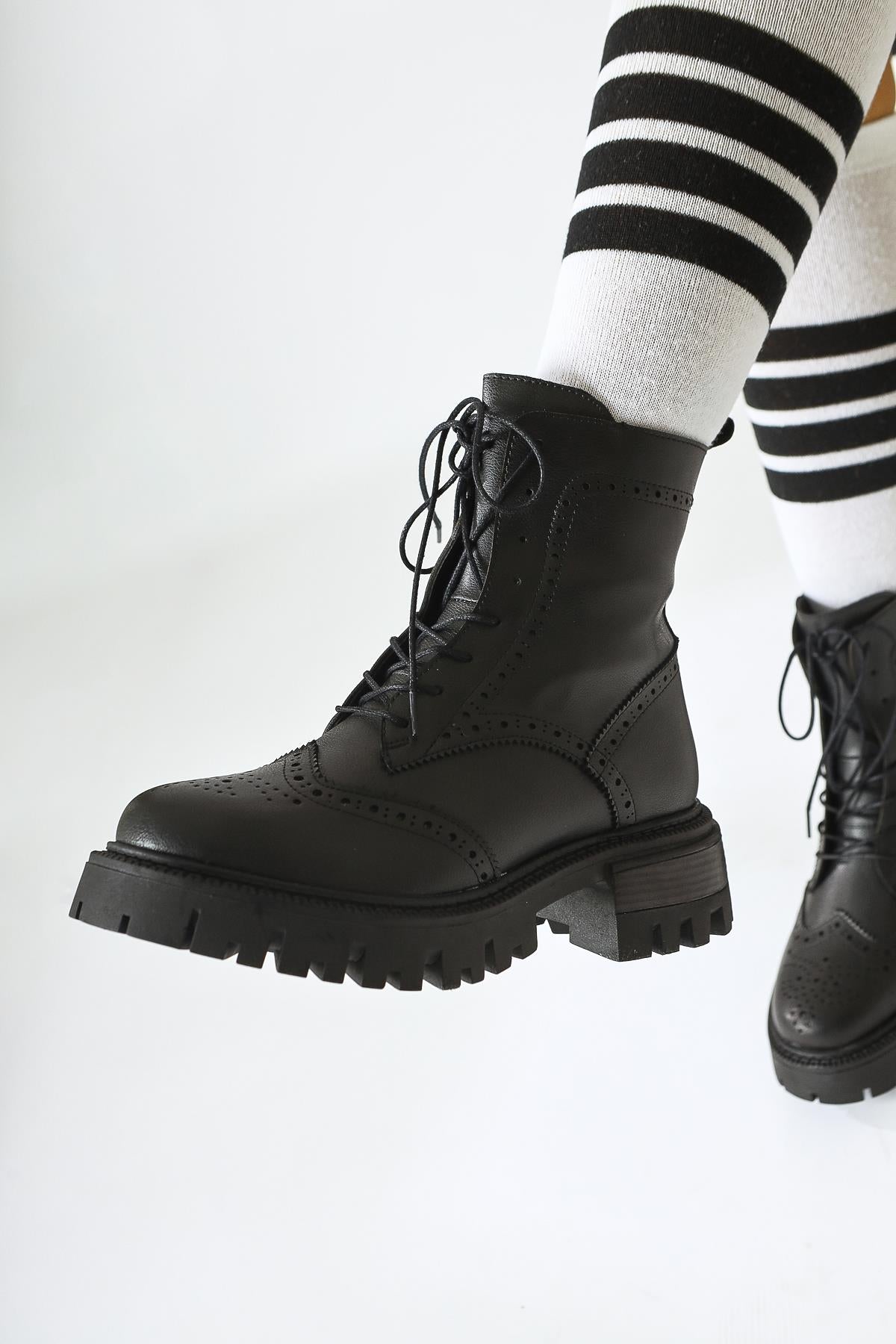 Morgan Black Lace-Up Combat Boots with Laser Cut Detail