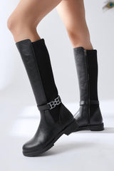 Mountaha Black Wet Fabric Ankle Boots with Accessory Detail