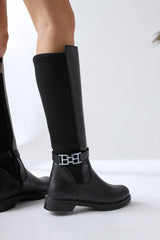 Mountaha Black Wet Fabric Ankle Boots with Accessory Detail