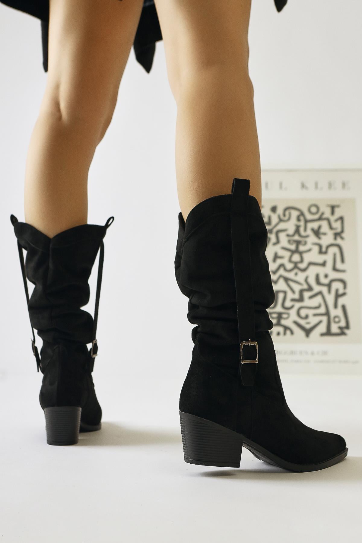 Nare Black Suede Gusseted Pointed Toe Boots