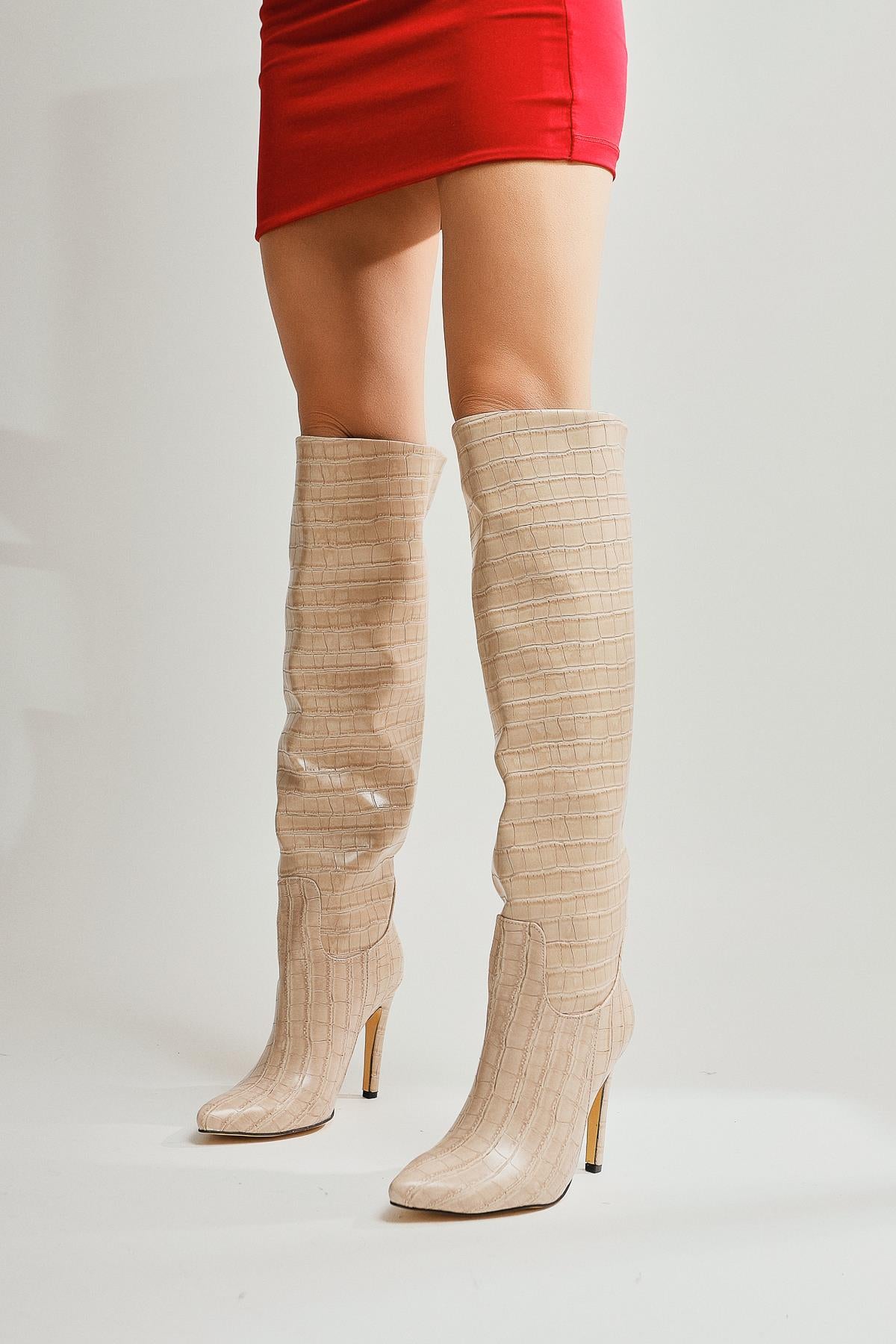 Nenya Beige Crocodile Patterned Pointed Toe Thin Heel Over The Knee Boots