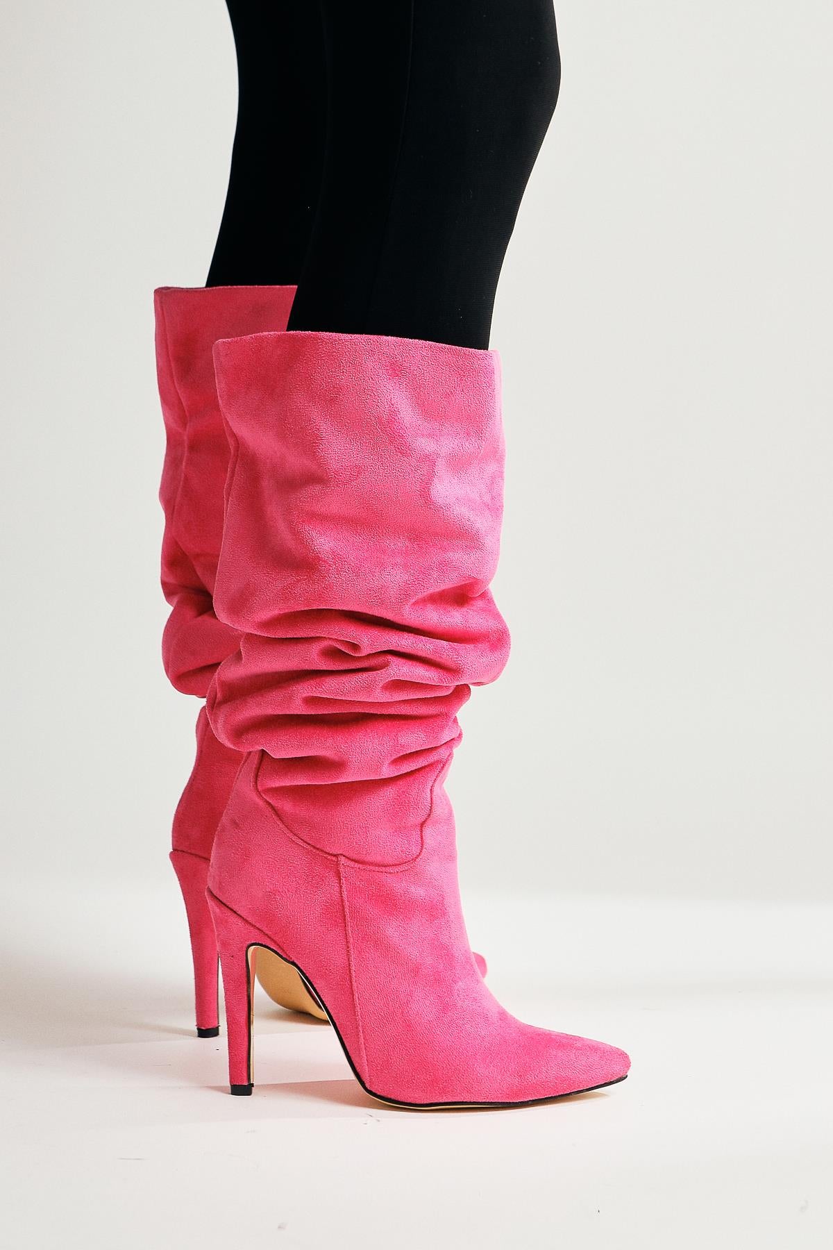 Nenya Fuchsia Suede Patterned Pointed Toe Thin Heel Over The Knee Boots