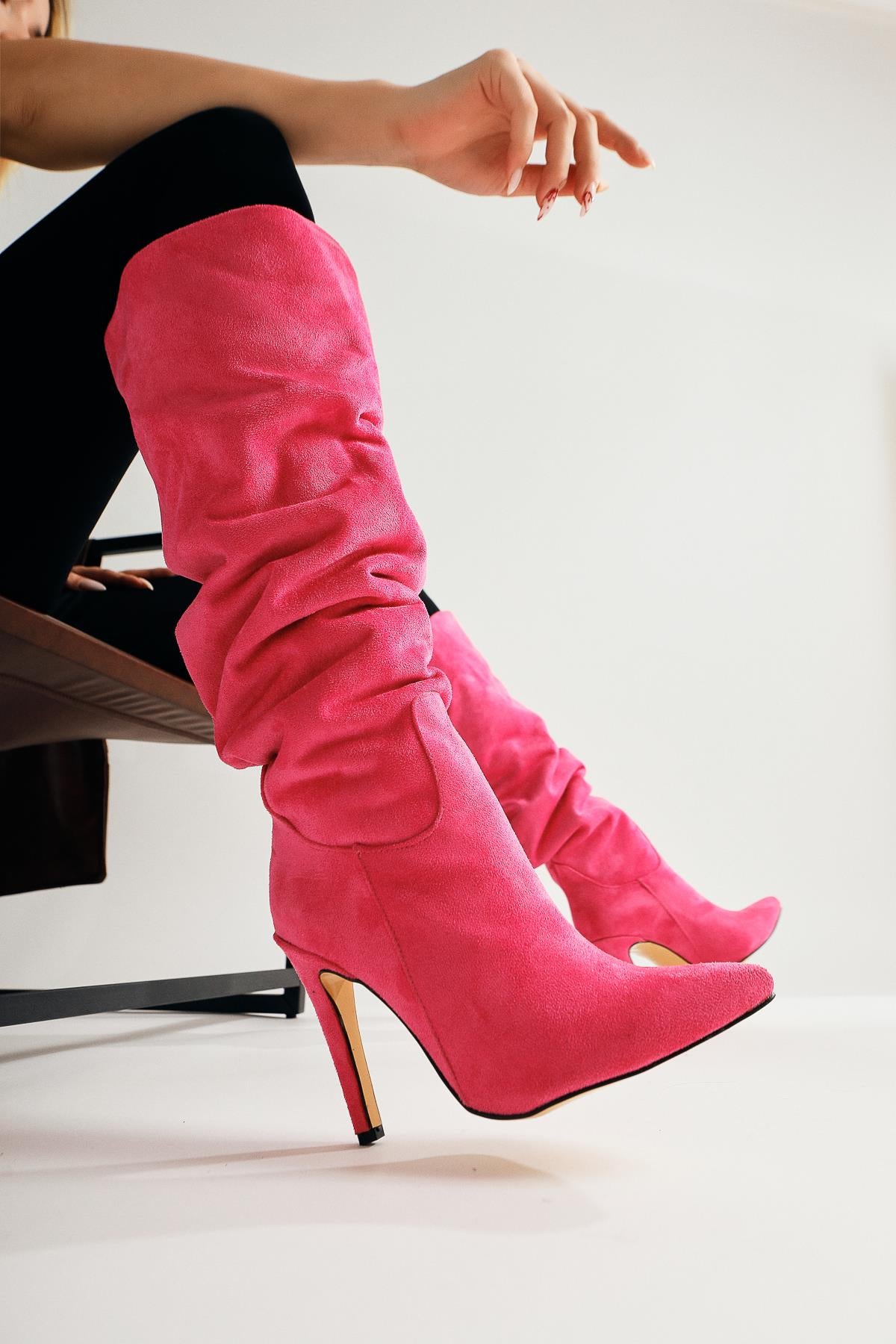 Nenya Fuchsia Suede Patterned Pointed Toe Thin Heel Over The Knee Boots