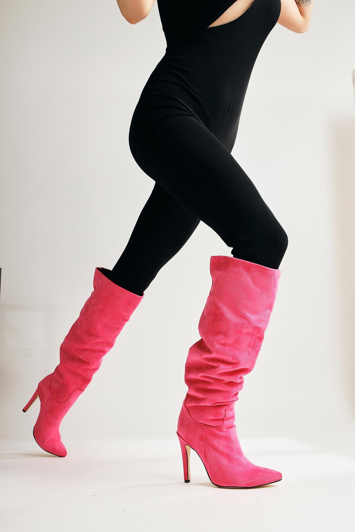 Nenya Fuchsia Suede Patterned Pointed Toe Thin Heel Over The Knee Boots