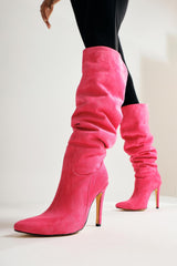 Nenya Fuchsia Suede Patterned Pointed Toe Thin Heel Over The Knee Boots