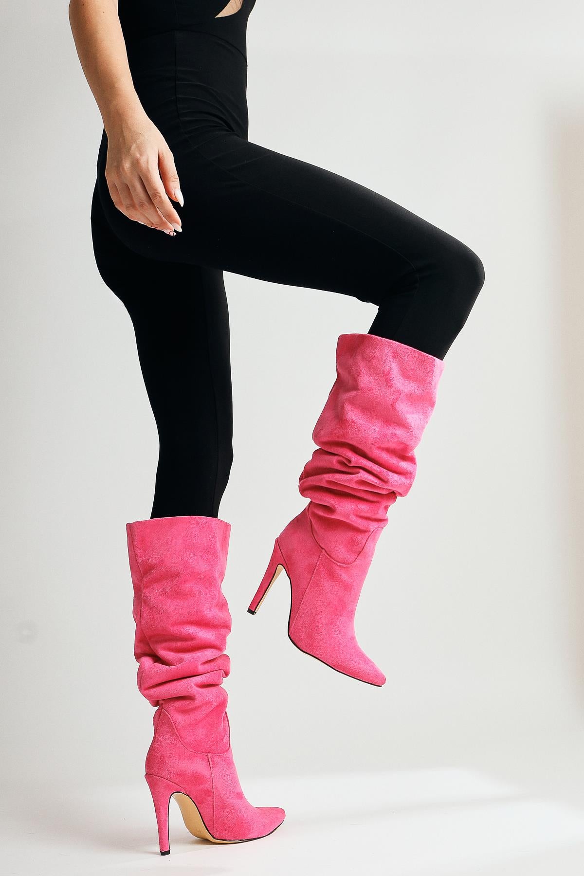 Nenya Fuchsia Suede Patterned Pointed Toe Thin Heel Over The Knee Boots