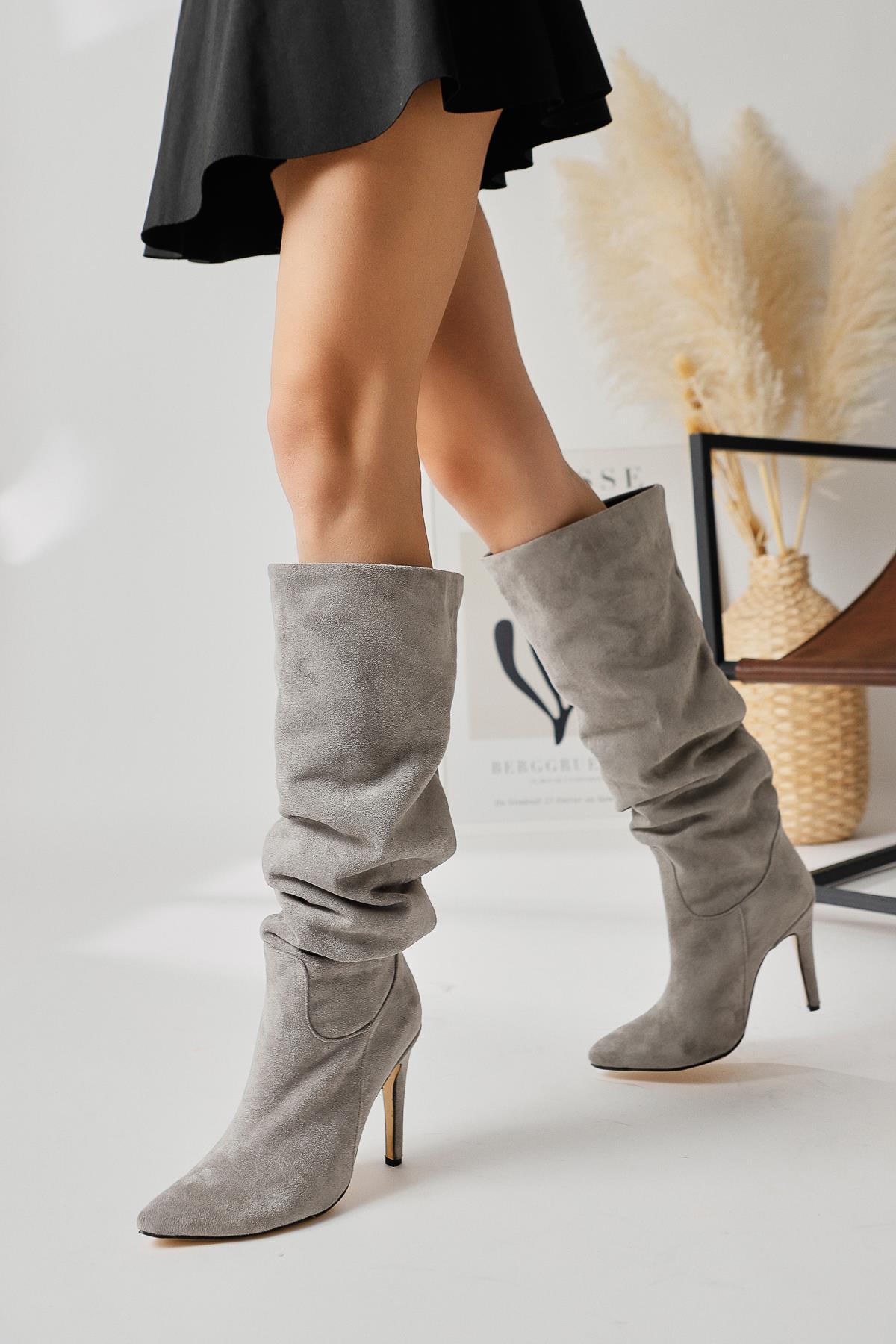 Nenya Grey Suede Patterned Pointed Toe Thin Heel Over The Knee Boots