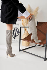 Nenya Grey Suede Patterned Pointed Toe Thin Heel Over The Knee Boots