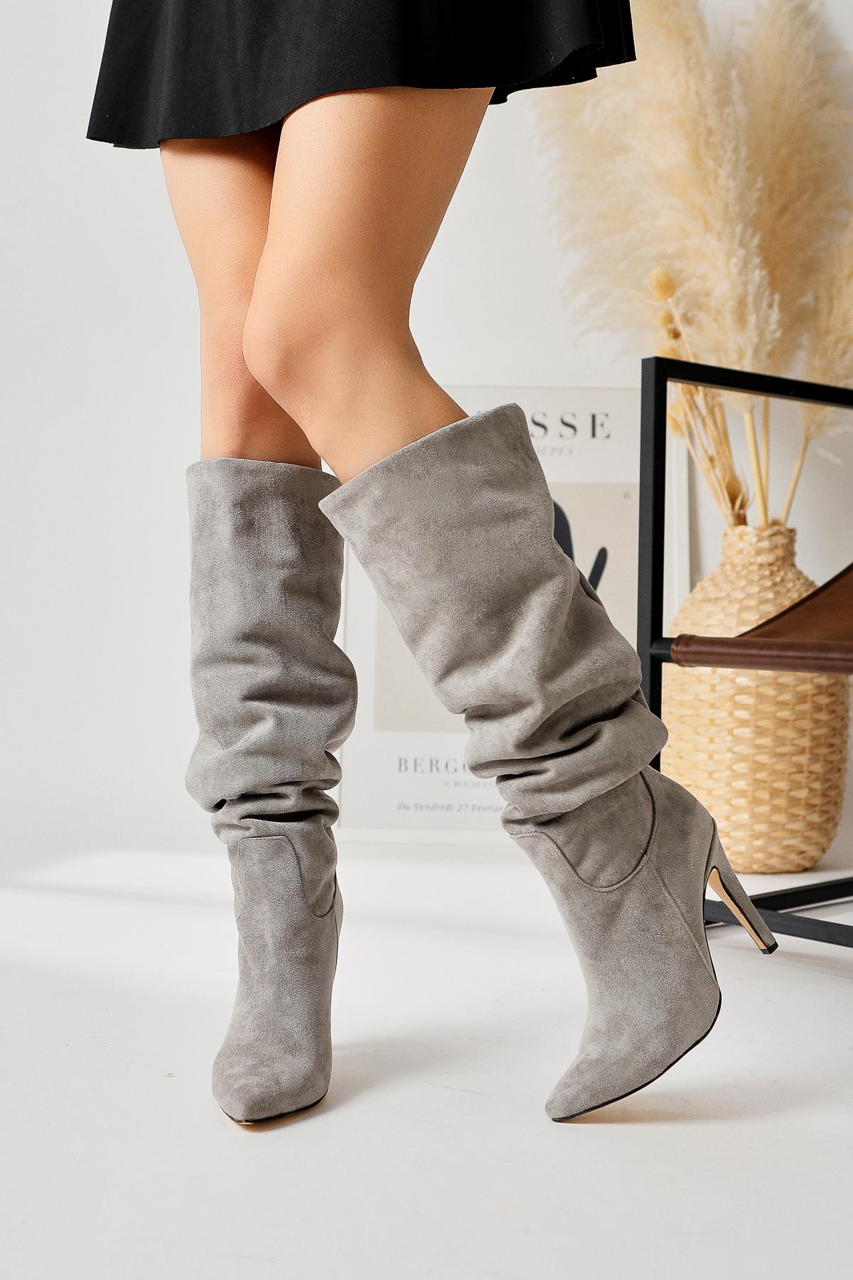 Nenya Grey Suede Patterned Pointed Toe Thin Heel Over The Knee Boots