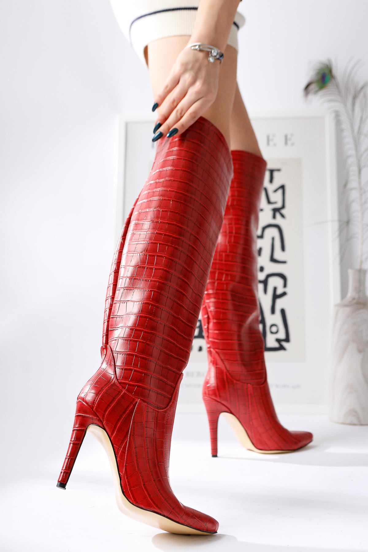 Nenya Red Crocodile Patterned Pointed Toe Thin Heel Over The Knee Boots