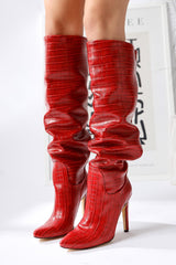 Nenya Red Crocodile Patterned Pointed Toe Thin Heel Over The Knee Boots