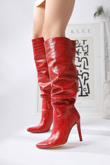 Nenya Red Crocodile Patterned Pointed Toe Thin Heel Over The Knee Boots