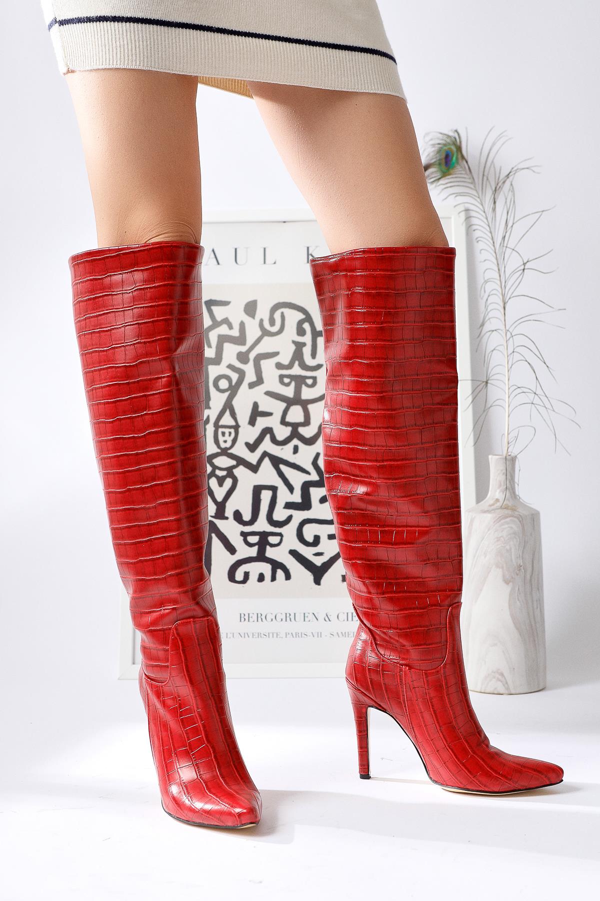 Nenya Red Crocodile Patterned Pointed Toe Thin Heel Over The Knee Boots