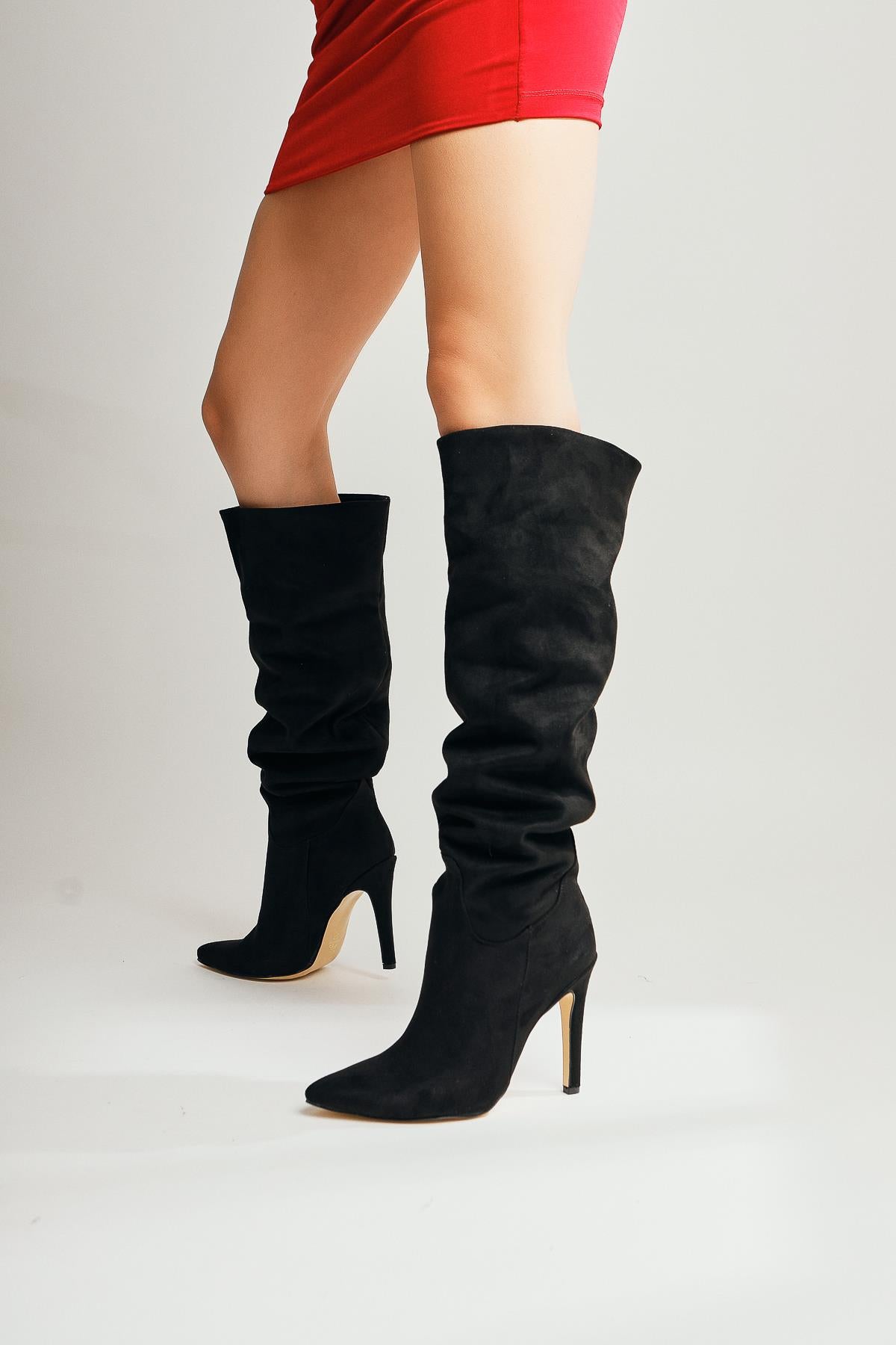 Nenya Black Suede Patterned Pointed Toe Thin Heel Over The Knee Boots