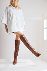 Nenya Brown Crocodile Patterned Pointed Toe Thin Heel Over The Knee Boots