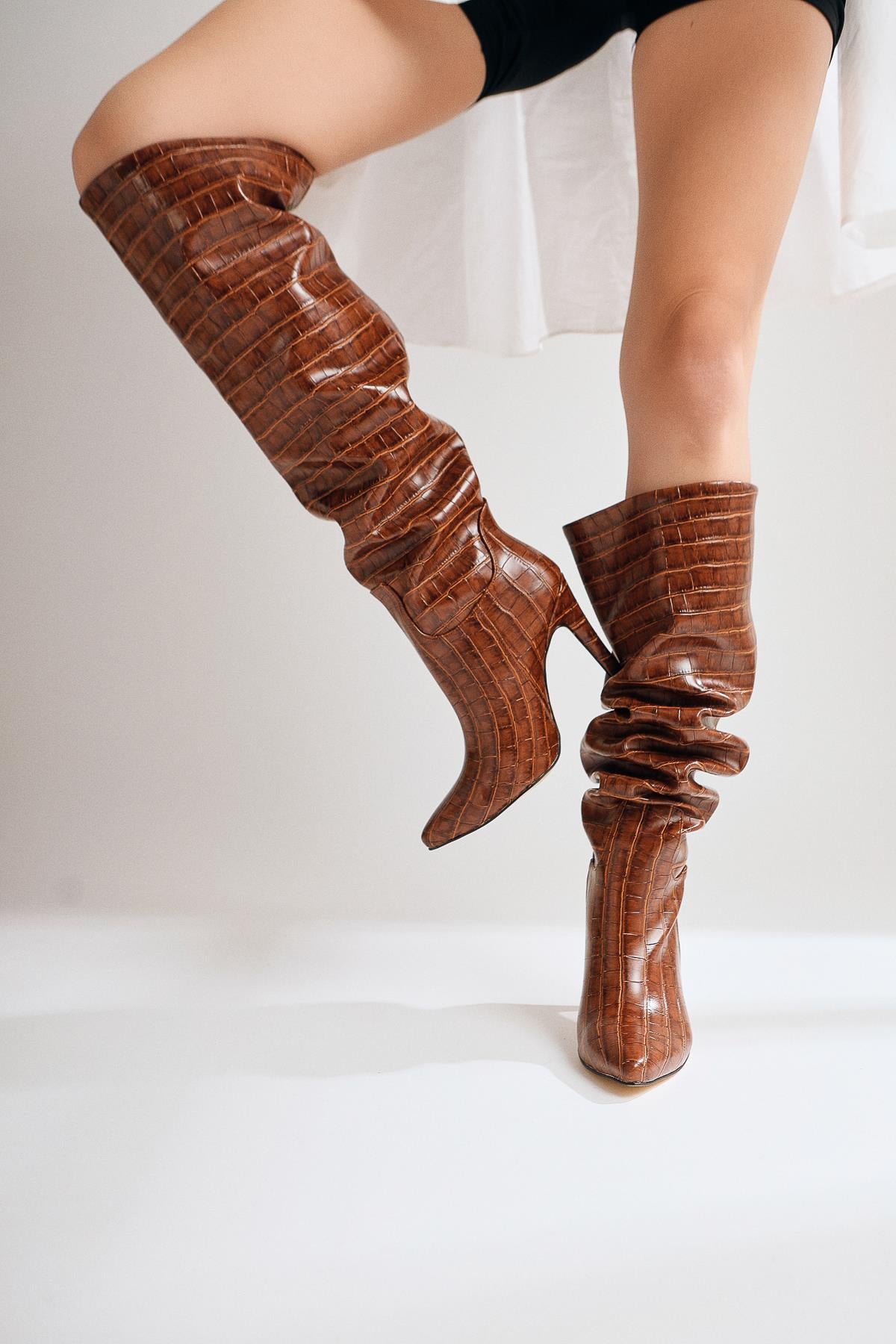 Nenya Brown Crocodile Patterned Pointed Toe Thin Heel Over The Knee Boots