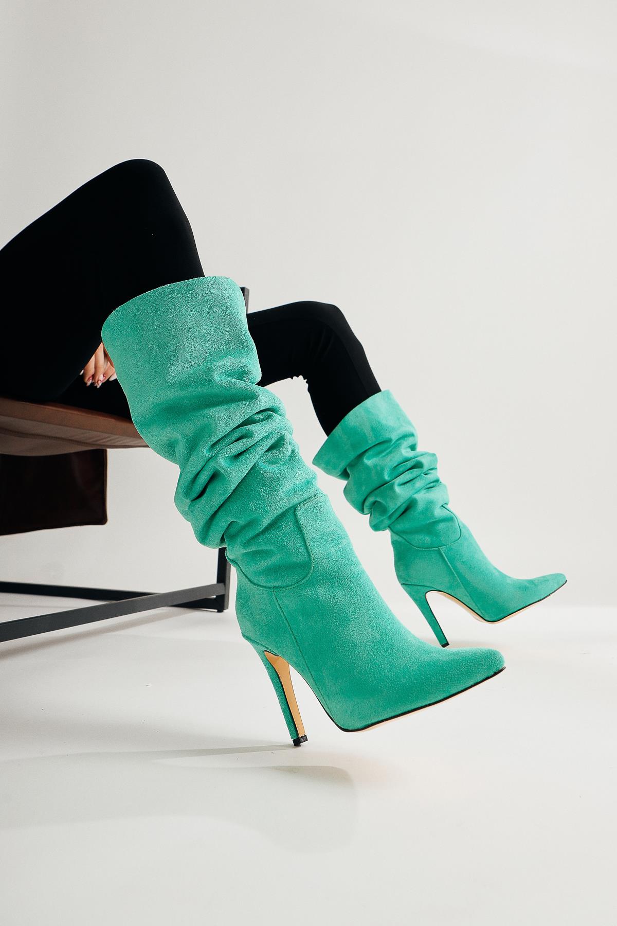 Nenya Green Suede Patterned Pointed Toe Thin Heel Over The Knee Boots