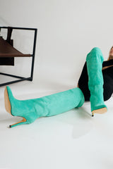 Nenya Green Suede Patterned Pointed Toe Thin Heel Over The Knee Boots