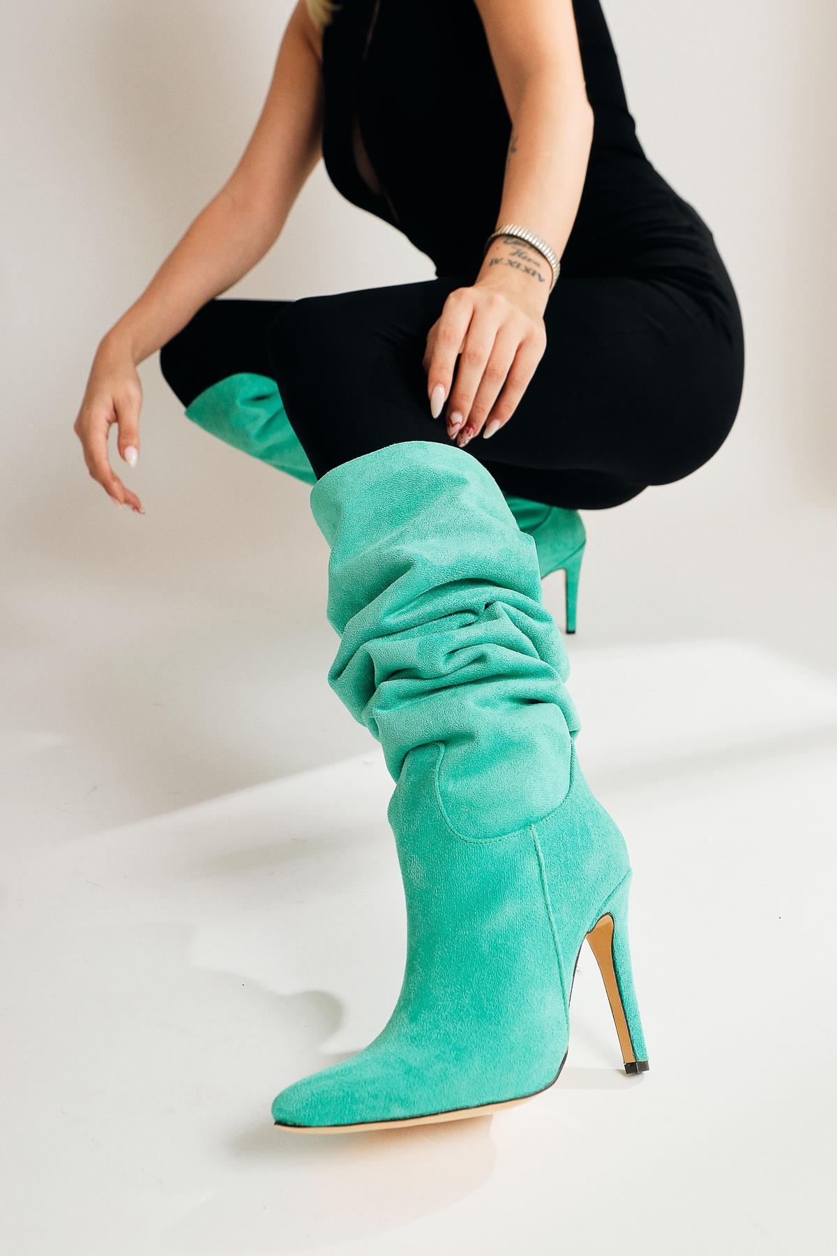 Nenya Green Suede Patterned Pointed Toe Thin Heel Over The Knee Boots