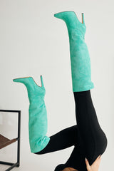 Nenya Green Suede Patterned Pointed Toe Thin Heel Over The Knee Boots