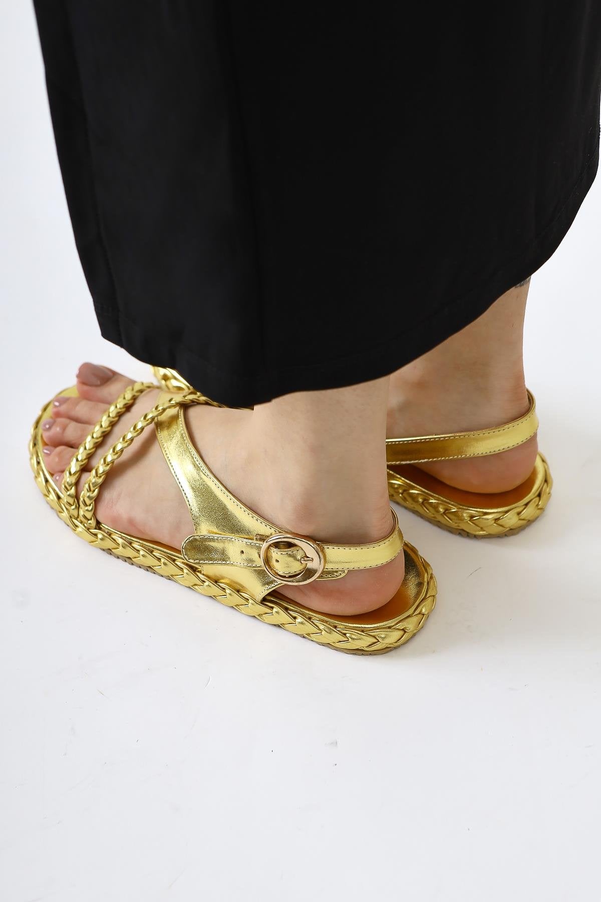 Nera Gold Patent Leather Braided Strappy Sandals