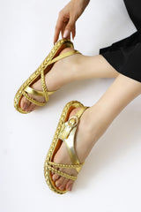 Nera Gold Patent Leather Braided Strappy Sandals