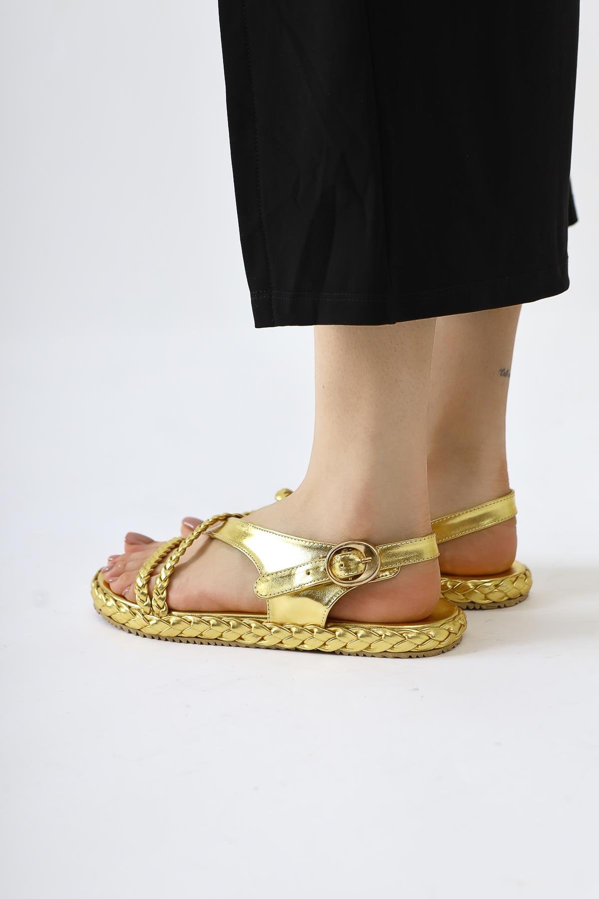 Nera Gold Patent Leather Braided Strappy Sandals