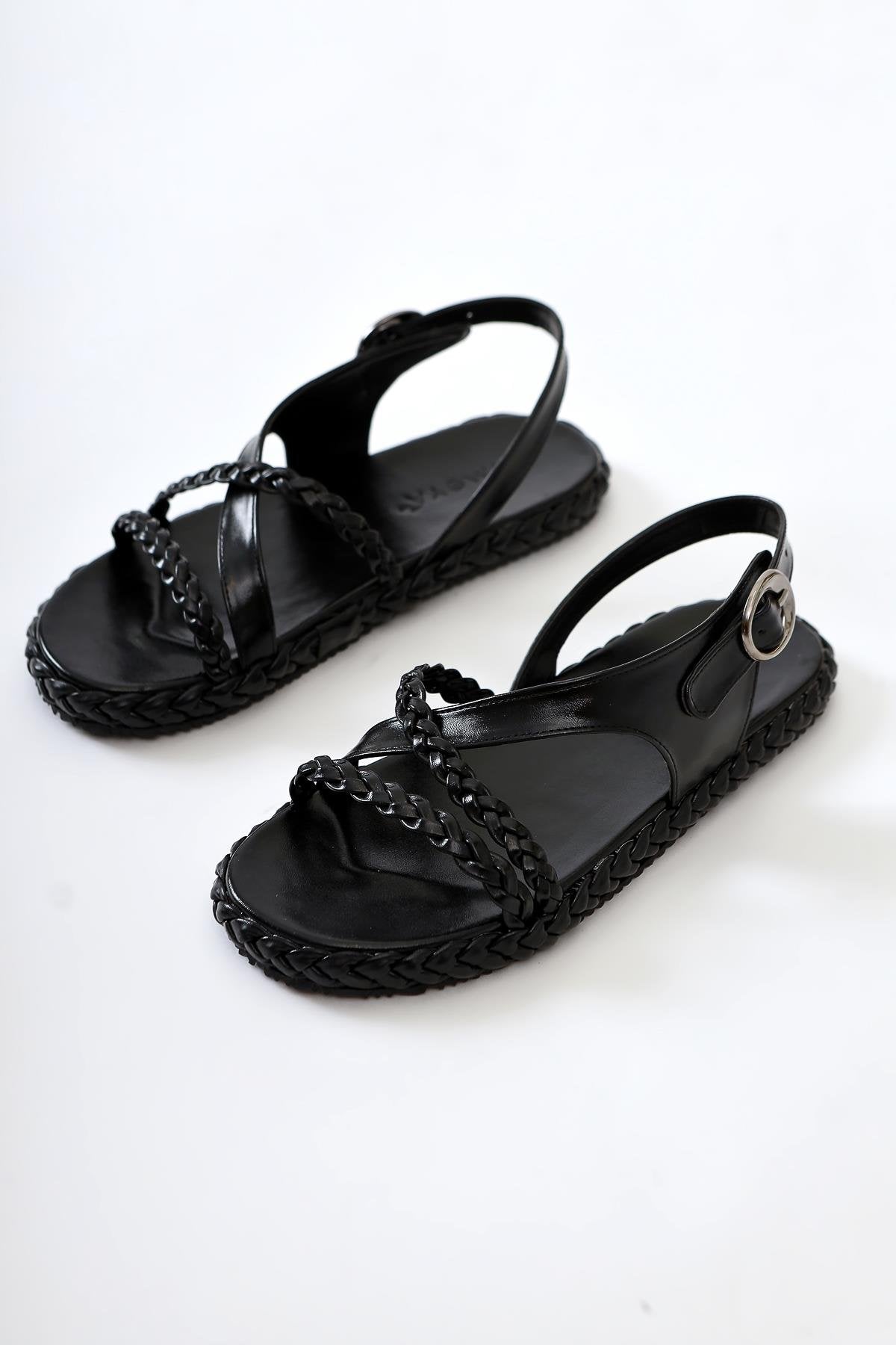 Nera Black Patent Leather Knitted Strappy Sandals