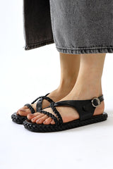 Nera Black Patent Leather Knitted Strappy Sandals