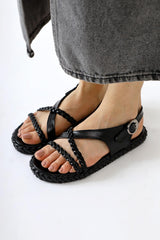 Nera Black Patent Leather Knitted Strappy Sandals