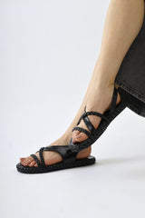 Nera Black Patent Leather Knitted Strappy Sandals