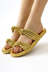 Nessa Gold Patent Leather Knitted Banded Slippers