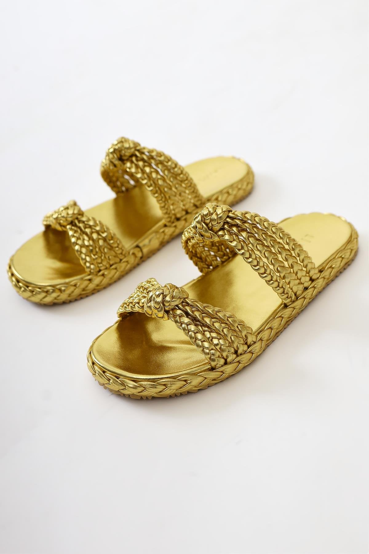 Nessa Gold Patent Leather Knitted Banded Slippers